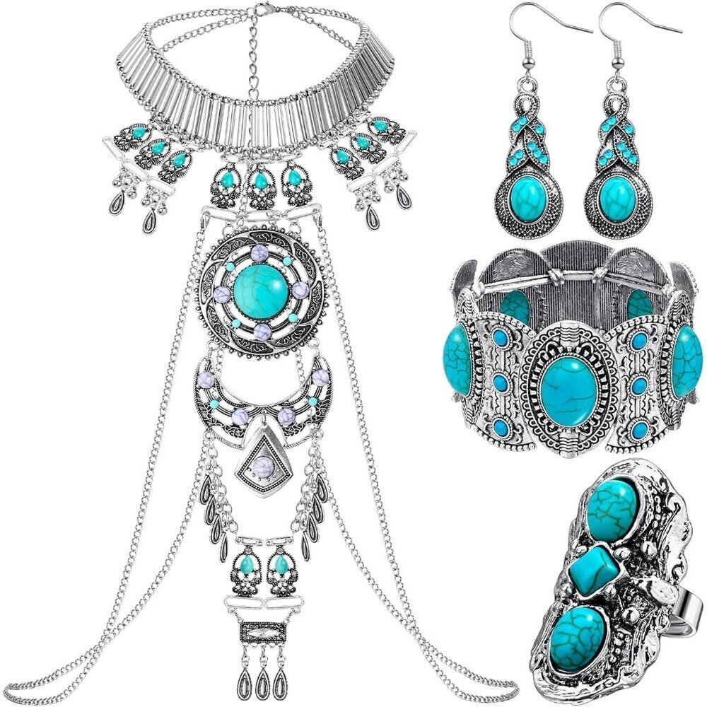 Boho Jewelry Set Women Alloy Turquoise Necklace Bracelet Earrings Ring